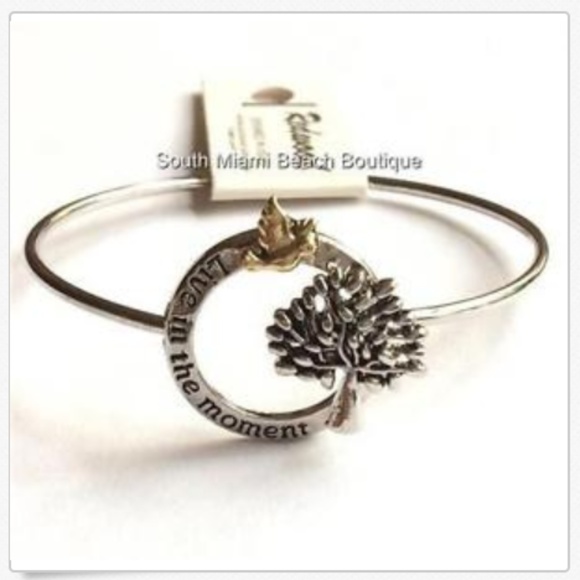 Tree of Life Bracelet Bangle LIVE IN THE MOMENT Message Celtic Silver Plated - Picture 3 of 12